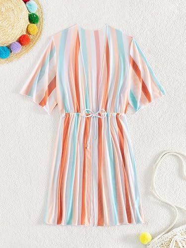 Image of WDIRARA Girl's Striped Waist Tie Front Mini Cover Up Dress Collarless Neck Short Sleeve Kimono Bathing Suit