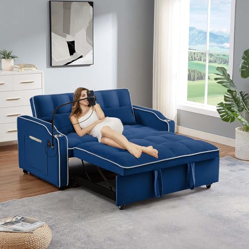 JEEOEHY 3 in 1 Convertible Sleeper Sofa Bed,Velvet Pull Out Couch Bed w USB&Type C Port,Comfy Futon Loveseat w Adjustable Backrest&Phone Stand&Cup Holder for Living Room Apartment Small Space(Blue)