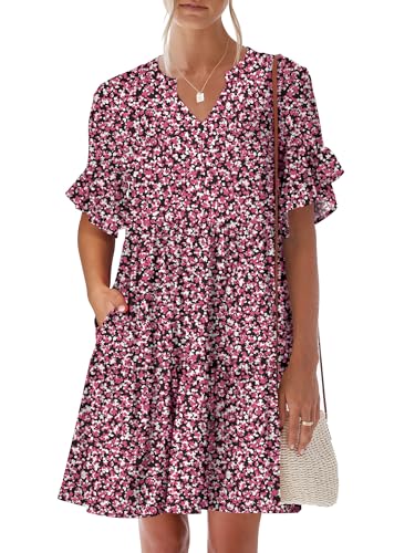Image of ANRABESS Women's Summer Casual Dress, V-Neck Ruffle Sleeve Tiered Mini Dress, Soft Comfy Fabric with Pockets for All-Day Wear