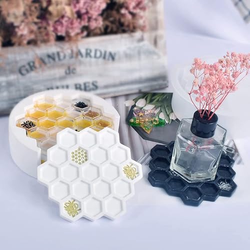 Bee Honeycomb Resin Coaster Molds Silicone Set, 4Pcs Honeycomb Coaster Molds For Epoxy Resin Casting With Bee Coaster Holder Mold, Silicone Coaster Molds For Diy Resin Crafts, Home Decoration #TOP6