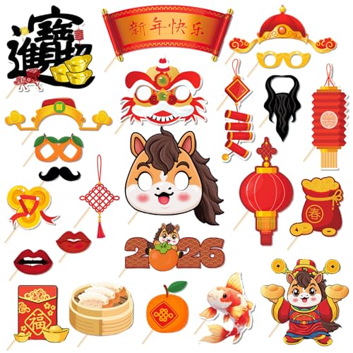 24PCS Chinese New Year Photo Booth Props,Chinese New Year Decoration 2026,Lunar New Year Decorations,Horse Year Paper Photo Props for Spring Festival Lunar New Year Present Game Party Supplies