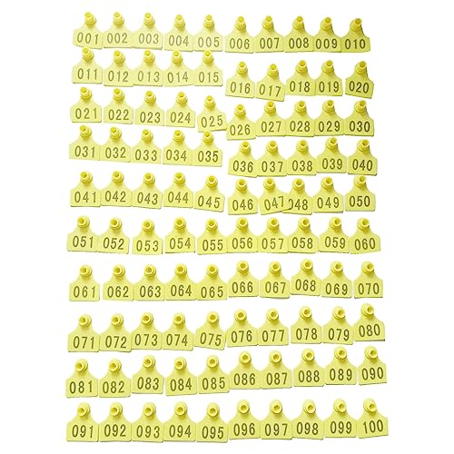 100 conjuntos de etiquetas de orelha de animais numeradas de plástico amarelo para criação agrícola