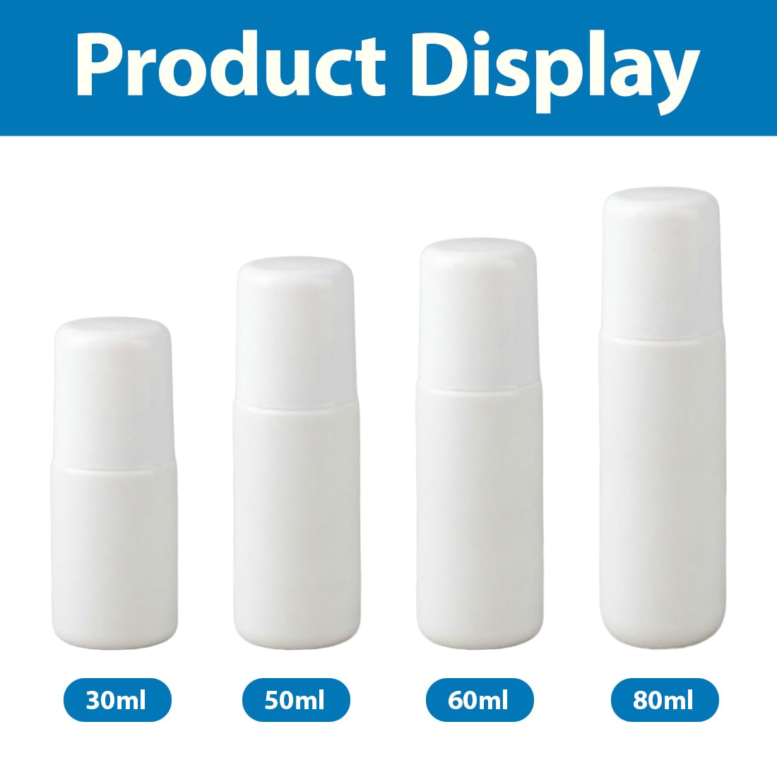 4 envases roll on rellenable, fáciles de aplicar y retirar (30/50/60/80 ml)