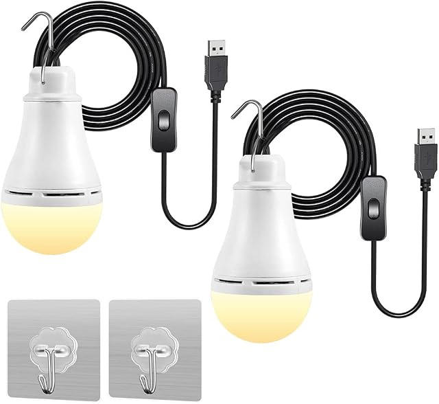 Siwinparts Camping USB Light Bulb 2 Pack Portable USB LED Outdoor Lights Bulb with Hanging Hook 5W Led Outdoor Camping Lights for Tents Fishing Camping 3000K Warm White