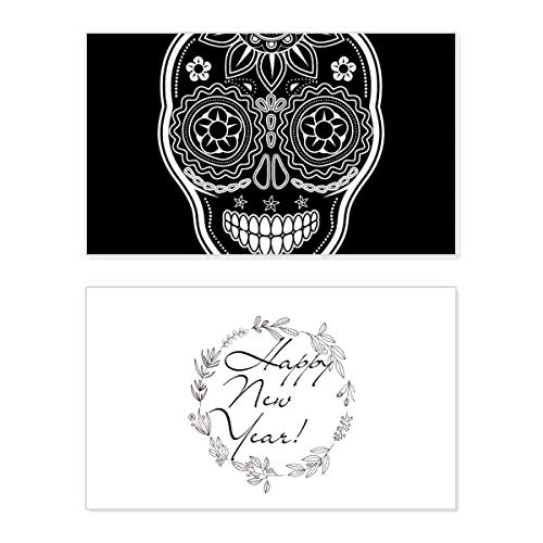 Tarjeta conmemorativa de Día de los Muertos y Año Nuevo mexicano en blanco y negro