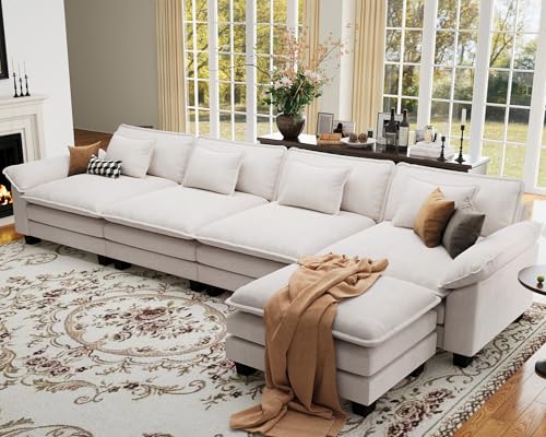 CDCASA 154" Oversized Modular Sectional Sofa, Comfy L-Shaped Cloud Couch w/Movable Ottoman, 5-Seater Velvet Deep Seat Modern Sofa Couch for Living Room, DIY Combination, Beige