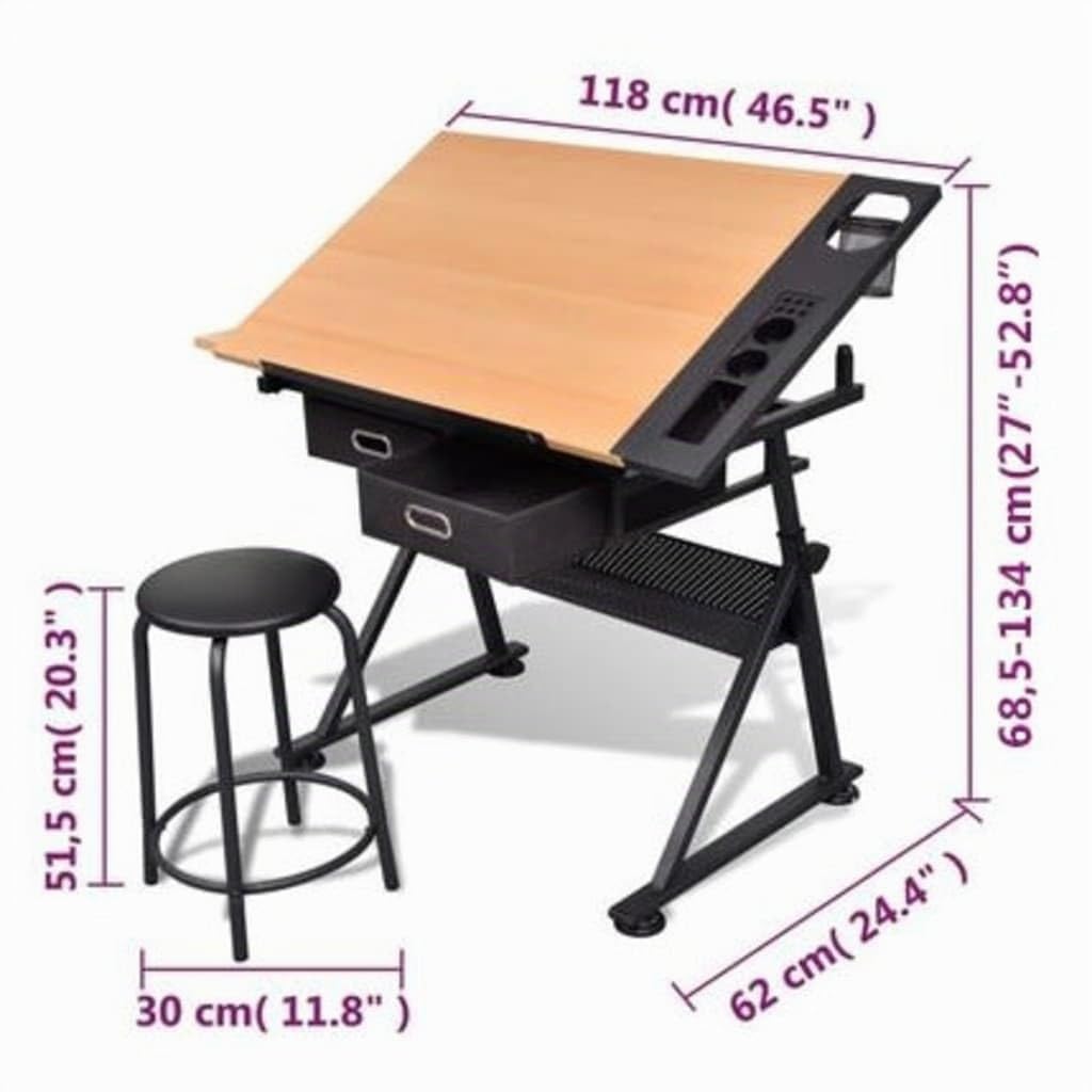 vidaXL Mesa de Dibujo inclinable con 2 cajones y Taburete