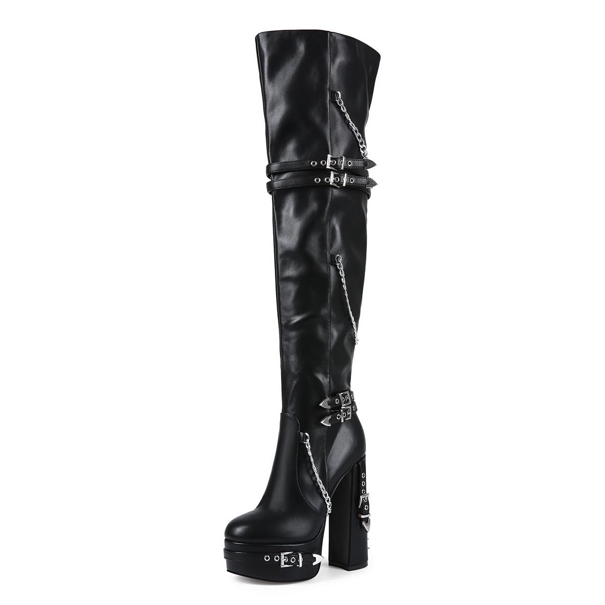 Feinlina Thigh High Boots for Women Block Heel with Trendy Buckles for Clubs Over The Knee Fashion Boots