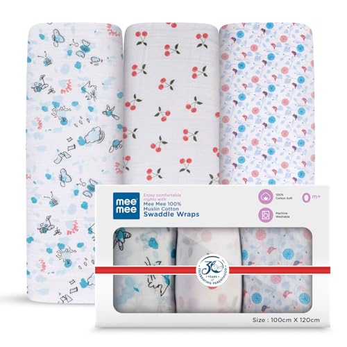 Image of Mee Mee 100% Cotton Muslin Swaddle Wrap for Newborn Baby (120 x 100 cm) | Ultra Soft, Breathable, Lightweight & Quick-Dry | Hypoallergenic Multi-Use Baby Blanket, Nursing Cover, Stroller Cover