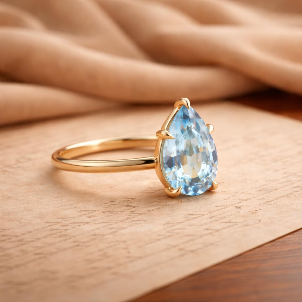 Pear Shape Aquamarine Ring for Women 14K Yellow Gold Solitaire Ring March Birthstone Engagement Ring Minimalist Promise Jewelry Gift for Her