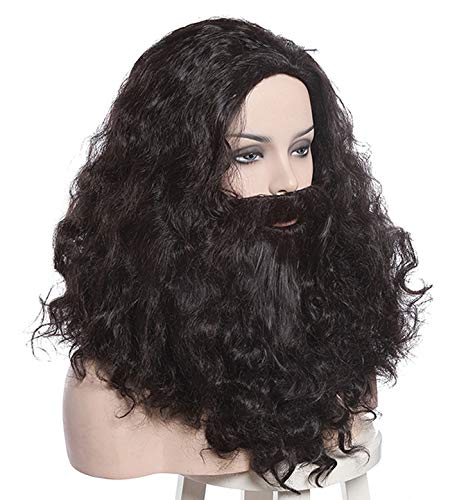 Man's Long Brown Curly Cosplay Wig with Beard for Move Halloween Wig - Image 3