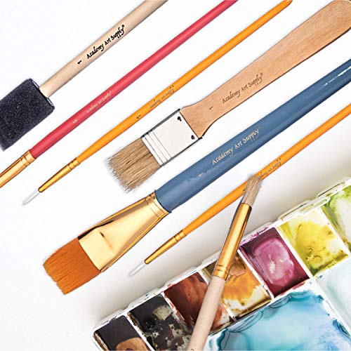 Academy Art Supply - 25 Piece Paintbrush All-Purpose Value Pack With Bristle, Nylon, Sponge, And Camel Hair Brushes For Acrylic, Oil, Watercolor, And Gouache #TOP5