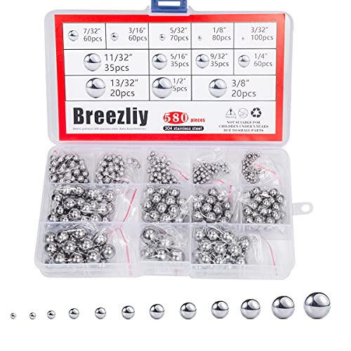 Breezliy 580 Pcs 12 Size Precision 304 Stainless Steel Bearing Steel Ball Assortment 3/32” 1/8" 5/32" 3/16" 7/32" 1/4" 9/32” 5/16” 11/32” 3/8” 13/32” And 1/2'' With Storage Box #TOP24