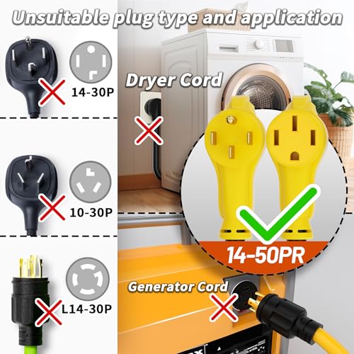 NEMA 14-50P/14-50R 50 FT 50 Amp RV/EV Extension Cord Outdoor with Grip Handle, 4 Prong Flexible Heavy Duty STW RV Power Cord Waterproof, 50A 125/250V 6250/12500W, Black-Yellow, ETL Listed