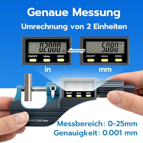 Mcbazel Mikrometer LCD Digitale Bügelmessschraube 0-25mm, 0.001mm Auflösung