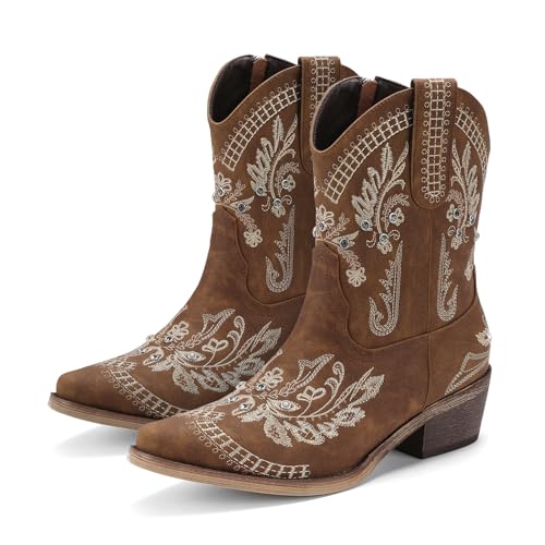 Image of Rhinestone Ankle Cowboy Boots for Women Embroidered Short Cowgirl Boots with Low Heel Side Zipper Comfortable Chunky Heel Western Booties for Prom Party Wedding Pull On Shoes