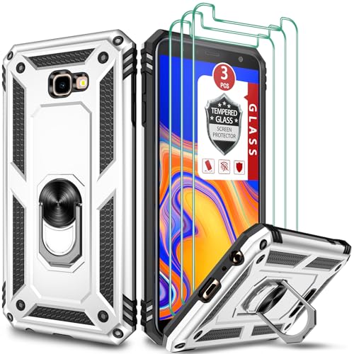 for Galaxy J4 Core Case, for Galaxy J4 Plus Case 6', for Galaxy J4 Prime J415 Case, with [3X Tempered Glass Screen Protector], Built-in Ring Kickstand Shockproof Dual Layer Hybrid TPU PC Case - White