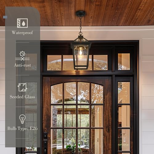 Image of zeyu 15.4 Inch Outdoor Hanging Light, Medium Exterior Pendant Porch Light for House Garden, Die-Cast Aluminum with Seeded Glass, Black Finish, ZX58MH BK