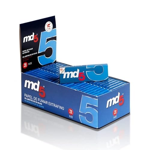 Papel de fumar MD5 70mm - regular. Papel de liar corto para cigarrillos. Papel azul corto de 70mm. Caja de 50 librillos de 60 hojas Cover