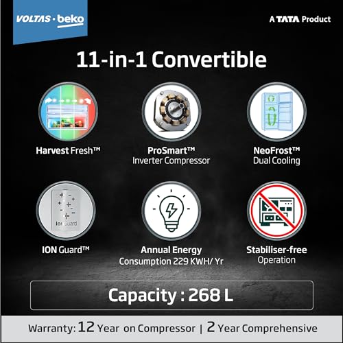 Image of Voltas Beko 'A Tata Product' 268 L 3 Star Frost Free Pro Smart Inverter compressor Double door Refrigerator (2023 Model, RFF315C /WPV501RXID, Brushed Silver, 11 in 1 Convertible, with HARVEST FRESH).