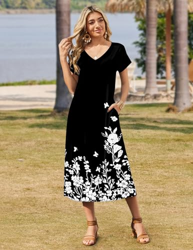 Image of Zeagoo Women Summer Floral Dress Short Sleeve Beach Dress with Pockets Casual V-Neck Split Long T-Shirt Dress Travel Vacation
