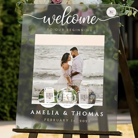 24x18" Personalized Wedding Welcome Sign with Photo and Text, Custom Reception Sign in Acrylic, Foam Board, or Coroplast (Design 11) Cover