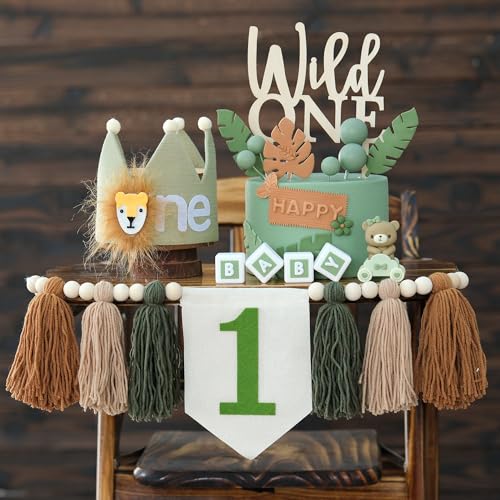 HODIHIWI Wild One 1st Highchair Banner Wood Bead Tassel Garland Lion Crown Hat Wooden Cake Topper Birthday Party Decorations