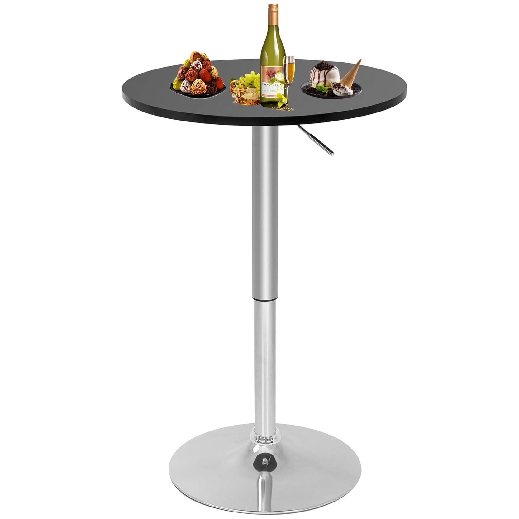 WYGMAV Round Bar Table, Adjustable Height Bistro Table, 360° Swivel Cocktail Table with MDF Top, Counter Tables 26.8-35.8 Inches, Silver Leg Base for