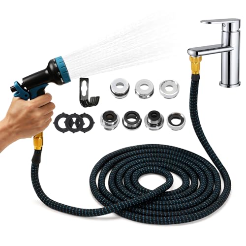 Amcortn Indoor Sink Hose Attachment for Kitchen Sink or Bathroom Sink Faucet - (50FT) Sink Hose with 7 Adapters Watering Houseplants Dog Washing Household Cleaning Car Washing 10-Function Nozzle
