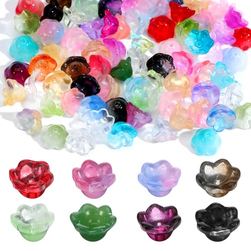 Wanmu 100PCS Glass Bellflower Beads Colorful Trumpet Flower Beads for Jewelry Making Cute Floral Beaded Charms for DIY Necklace Earrings Bracelets Crafts (11mm)