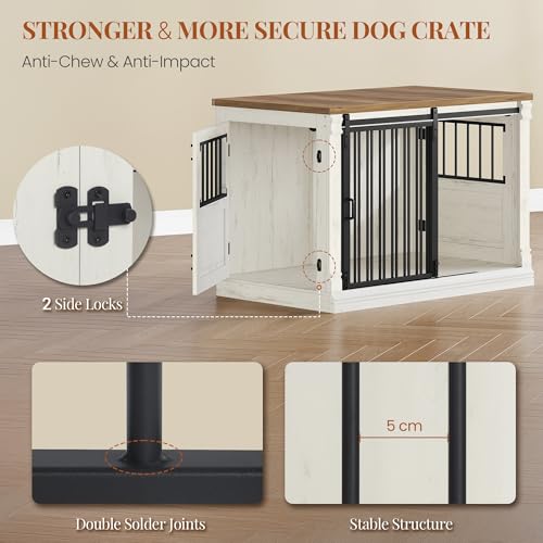 HEXCELEN 101cm Hundekäfig-Möbel, Hundebox Holz, Hundebox für Zuhause mit 3 Türen, Schiebetüren, für Kleine, Mittlere, Große Hunde, Robuster, Beistelltisch, 101 × 60,5 × 70 cm, Weiß Braun