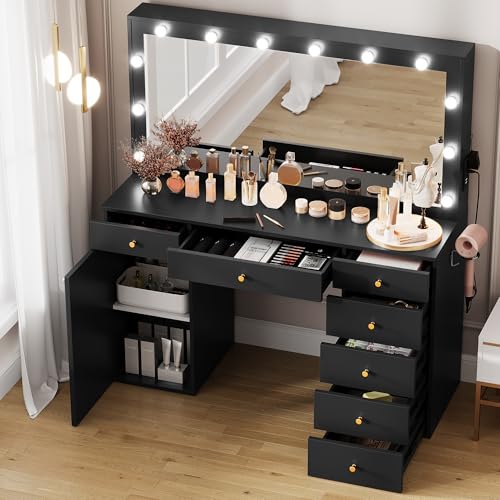 YITAHOME-56-Makeup-Vanity-with-Mirror-and-Lights-Large-Vanity-Desk-Mirror-with-12-LED-Hollywood-Lights-7-Drawers-Cabinet-Power-Outlet-3-Light-Modes-Dressing-Table-for-Bedroom-Dark-Black YITAHOME 56 Makeup Vanity with Mirror and Lights Large Vanity Desk Mirror with 12 LED Hollywood Lights 7 Drawers Cabinet Power Outlet 3 Light Modes Dressing Table for Bedroom Dark Black