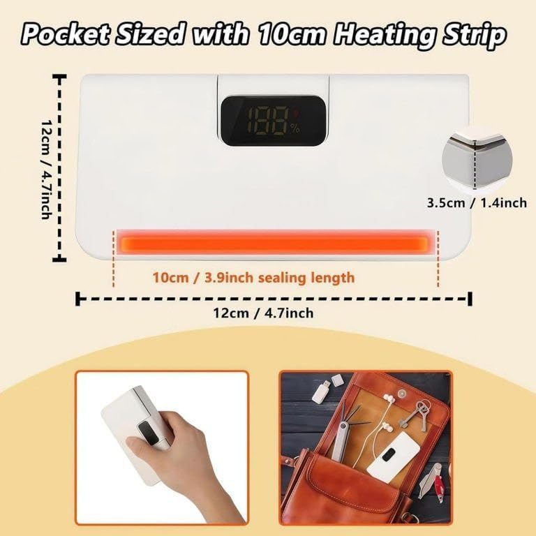 Image of Rechargeable Mini Bag Sealer 2 in 1 Heat Sealer & Cutter with LED Display | Portable Magnetic Food Bag Resealer with 6 Temperature Levels for Chips, Snacks & Dry Food Storage (S2)