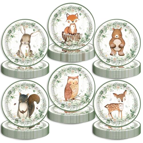 60Pcs Woodland Baby Shower Party Plates for 60 Guests Safari Jungle Wild Animal Party Decorations for Kids Boys Girls Birthday Party Supplies