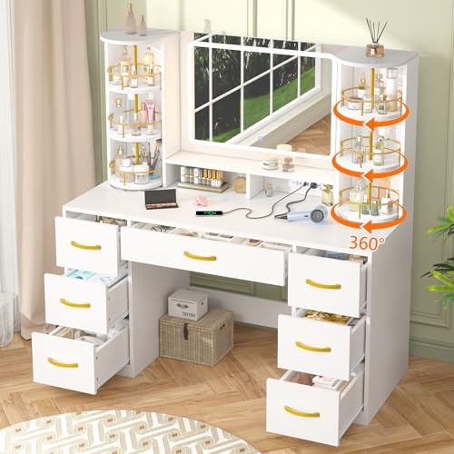 Image of Vanity Desk with Mirror and Lights, White Makeup Vanity Table with 360° Roating Shelves, Large Vanity Desk with 7 Drawers, Power Outlet, Dressing Table Set with Lighted Mirror Adjustable, for Bedroom