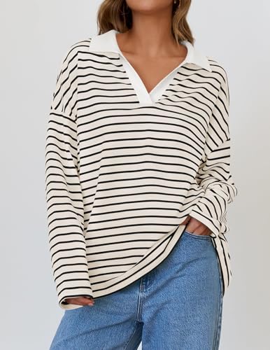 ZESICA Womens Striped Long Sleeve Tops Oversized Sweatshirt V Neck Loose Fit Tunic Tops Spring Casual Blouses3