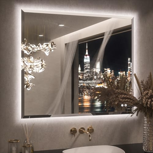 Keonjinn 42 x 36 Inch Backlit Bathroom Mirror with Lights, Frameless LED Mirror with Beveled Edge...