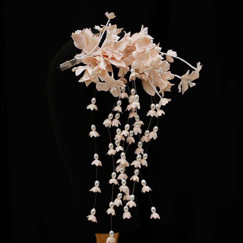 Flower Tassel Wedding Hair Clips Silver Pearl Hair Pieces Headpiece Hair Barrette Hair Pins Floral Bridal Hair Accessories for Women and Girls (White)