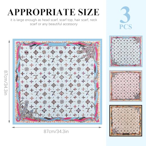Image of PALAY 3Pcs Silk Scarf for Women Stylish, Satin Neck Head Scarf for Women, 35 In Square Summer Comfy Beach Hair Scarf, Fashion Print Silk Scarves for Woman Ladies Gift