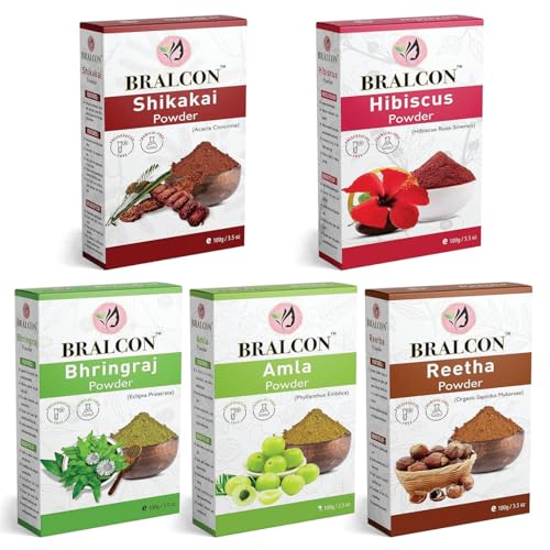 Image of BRALCON Natural Amla, Reetha, Shikakai, Bhringraj, Hibiscus Powder Combo 500g (100g x 5 Pack) Hair Conditioner for Hair & Skin Care