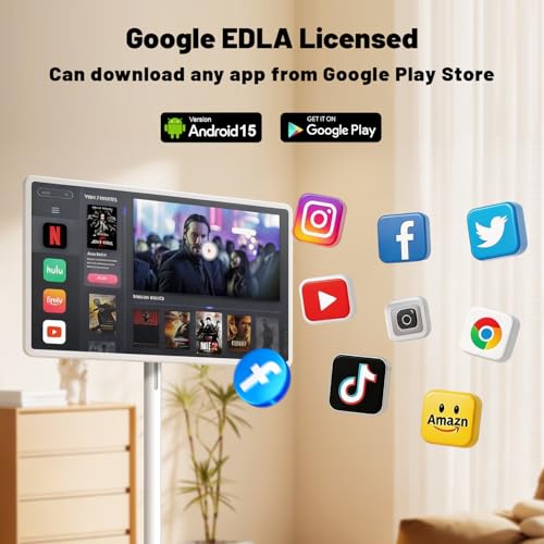 Image of VLH 32 Inch Smart Portable TV Tablet with Rolling Stand, 1080P Touch Screen Rolling TV, Built-in 38400mAh Battery, Android 15, 8+128GB Wireless TV on Wheels with Remote, 360 Rotation, 5MP Camera