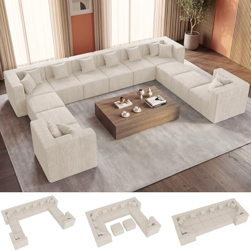 Image of MONVANE Modular Sectional Sofa, Oversized 12 Seat Convertible U Shaped Couch with Ottoman, Comfy Chenille Cloud Couch with Deep Seat, Sectional Couches for Living Room, No Assembly Required, Beige
