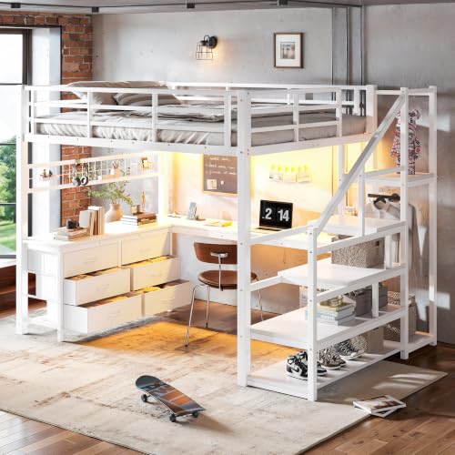 Image of Bellemave Full loft Bed with Storage Stairs, Wardrobe, Shelves, Metal Full Loft Bed Frame for Adults, Kids, Teens, White