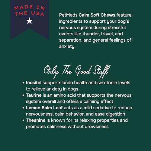 Image of PetMeds Calm Supplement for Dogs - Anxiety & Stress Relief with Vitamins, Theanine & Lemon Balm - Supports Dogs During Travel, Thunder & Separation - Beef & Sweet Potato Flavor - 60 Soft Chews