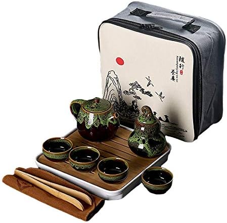 Ceramic Kungfu Tea Set,Portable Travel Tea Set with Teapot,Teacups,Tea Canister,Tea Tray and Travel Bag,Suitable for Travel, Home,Outdoor and Office (Green)