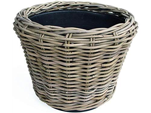 Panier à plantes rond en rotin – Gris beige – Panier en osier avec insert pour extérieur/extérieur – Panier de jardin en osier – Cache-pot pour jardin/pot de fleurs (diamètre 43 cm, hauteur 33 cm)