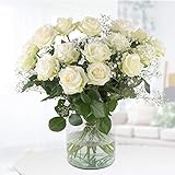 Rosenstrauß XXL - 20 Weiße Rosen mit Schleierkraut - Premium-Rosen (60cm) - 7-Tage-Frischegarantie, handgebunden