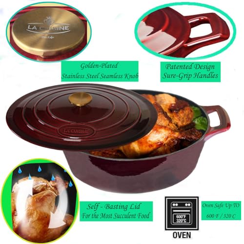 Image of La Cuisine Enameled Cast Iron Oval Dutch Oven Casserole Dish Pot with Lid 5 QT Internal Matt Black Enamel Coating, Cranberry, Gold-Plated Stainless Steel Lid Handle, Oven Safe