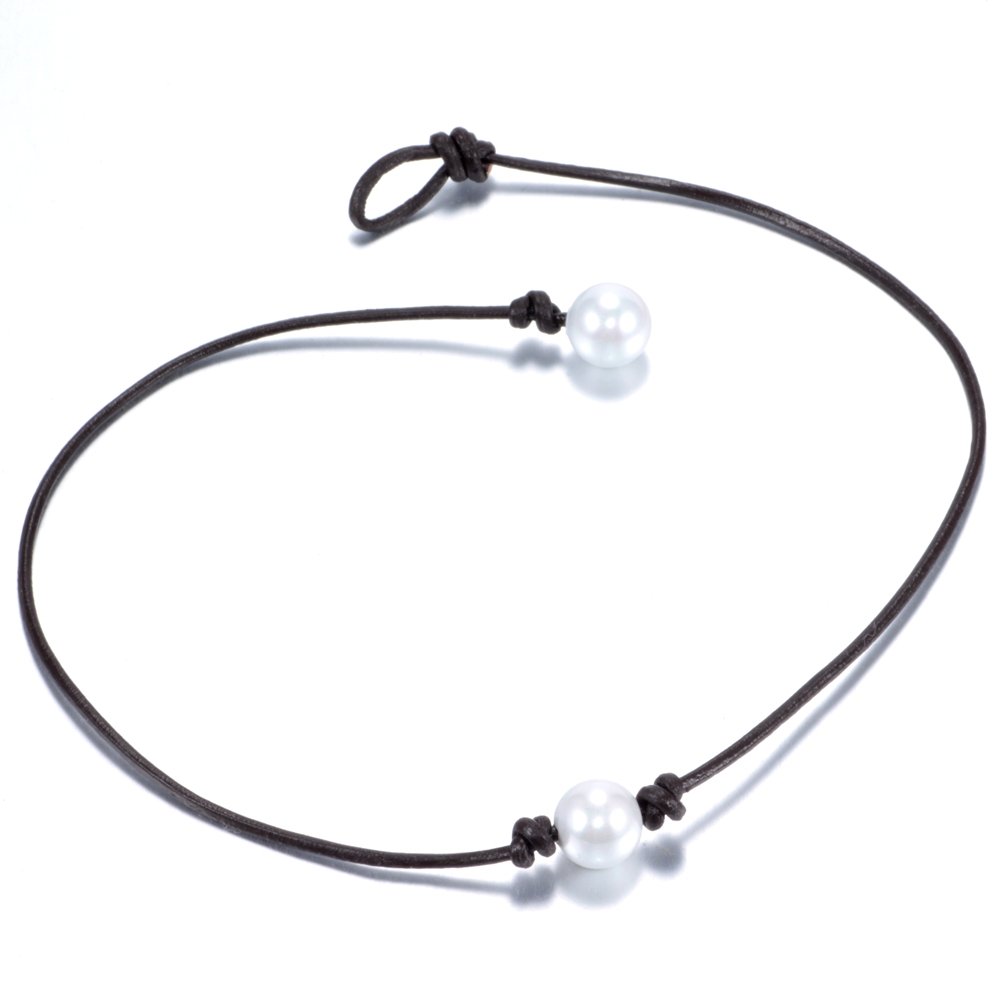 White Pearl Necklace Choker on a Natural Genuine Leather Cord
