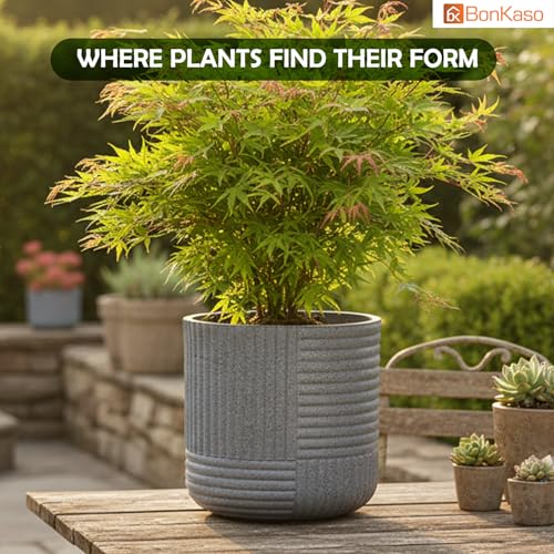 Image of Bonkaso 15 Inch Ribbed Planter Pot for Indoor & Outdoor Use | Round Heavy Duty Polymer Flower Pot | Lightweight Weather Resistant Modern Gamla for Living Room Balcony & Terrace (Light Grey)